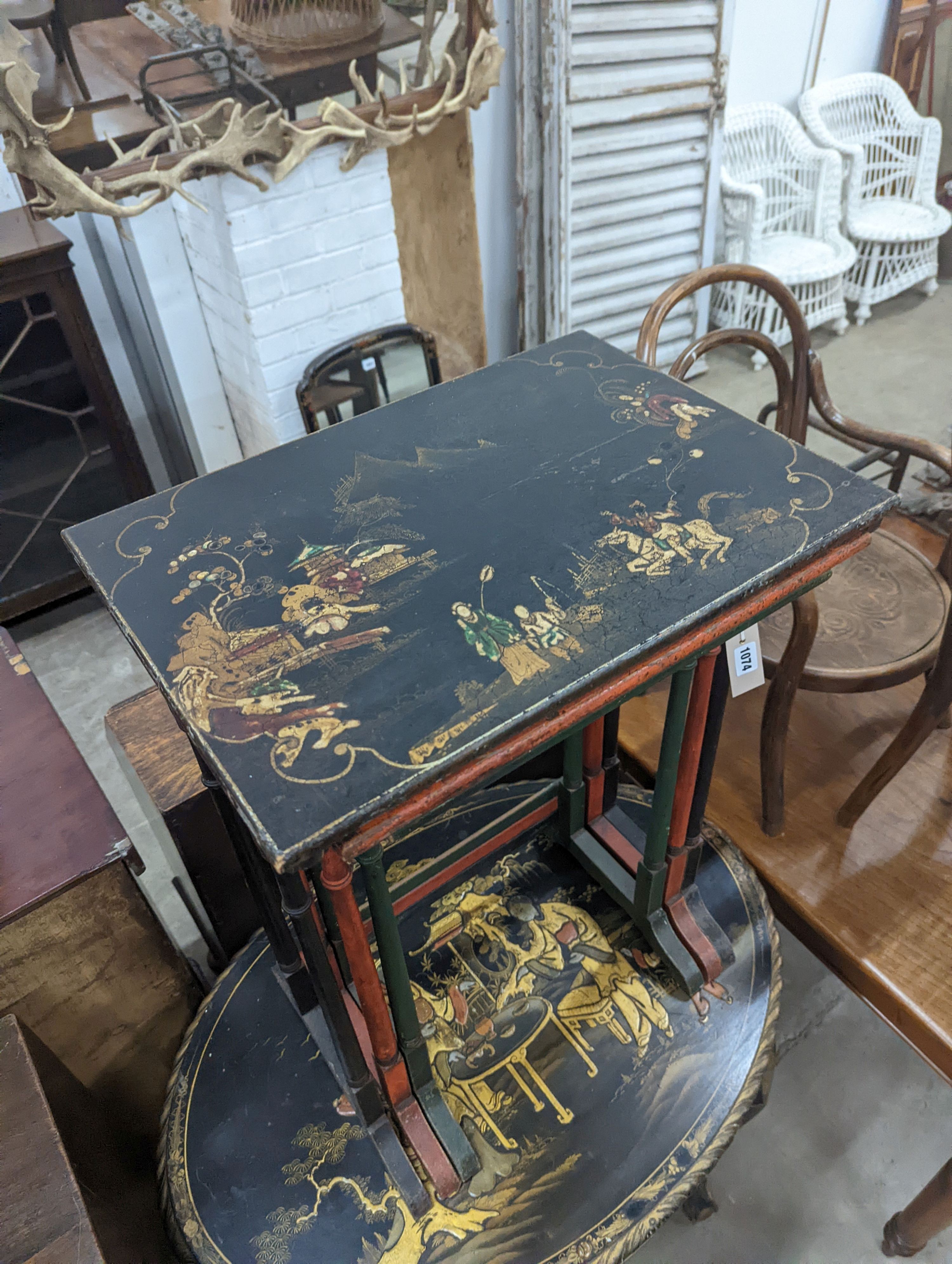A nest of painted and lacquered rectangular tea tables, width 50cm, depth 36cm, height 71cm